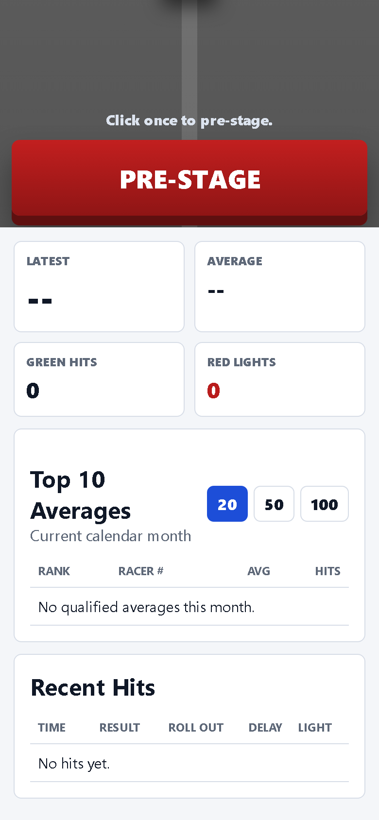 Practice Tree stats screen with average, green hits, red lights, and Top 10 averages